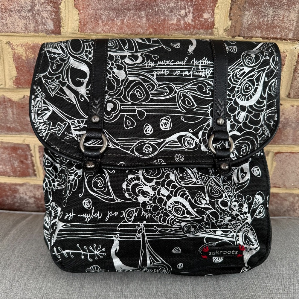 Sakroots Convertible Backpack Messenger Bag Black & Silver Silver Songbird
